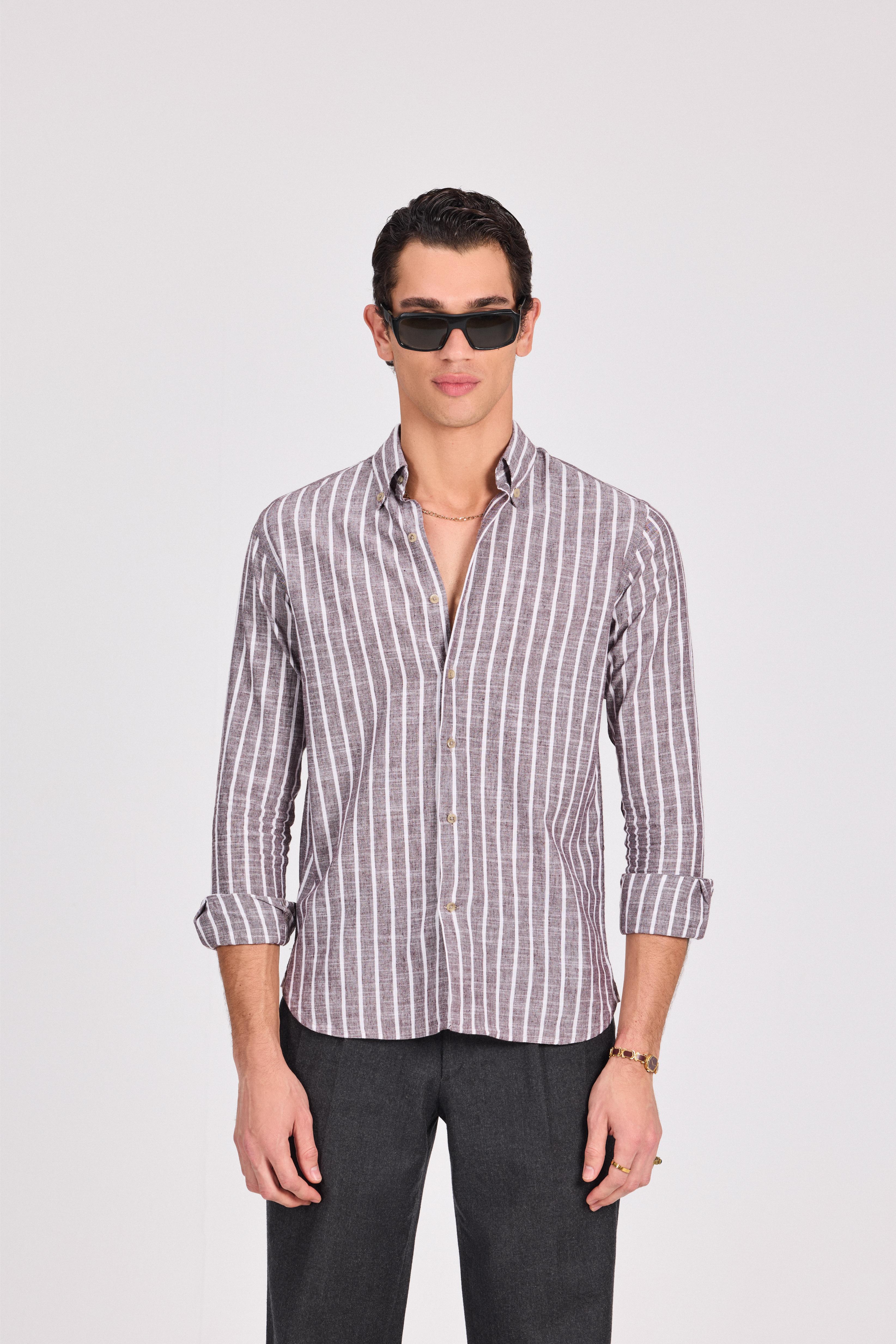 Brown Fine Striped Linen-Cotton Shirt